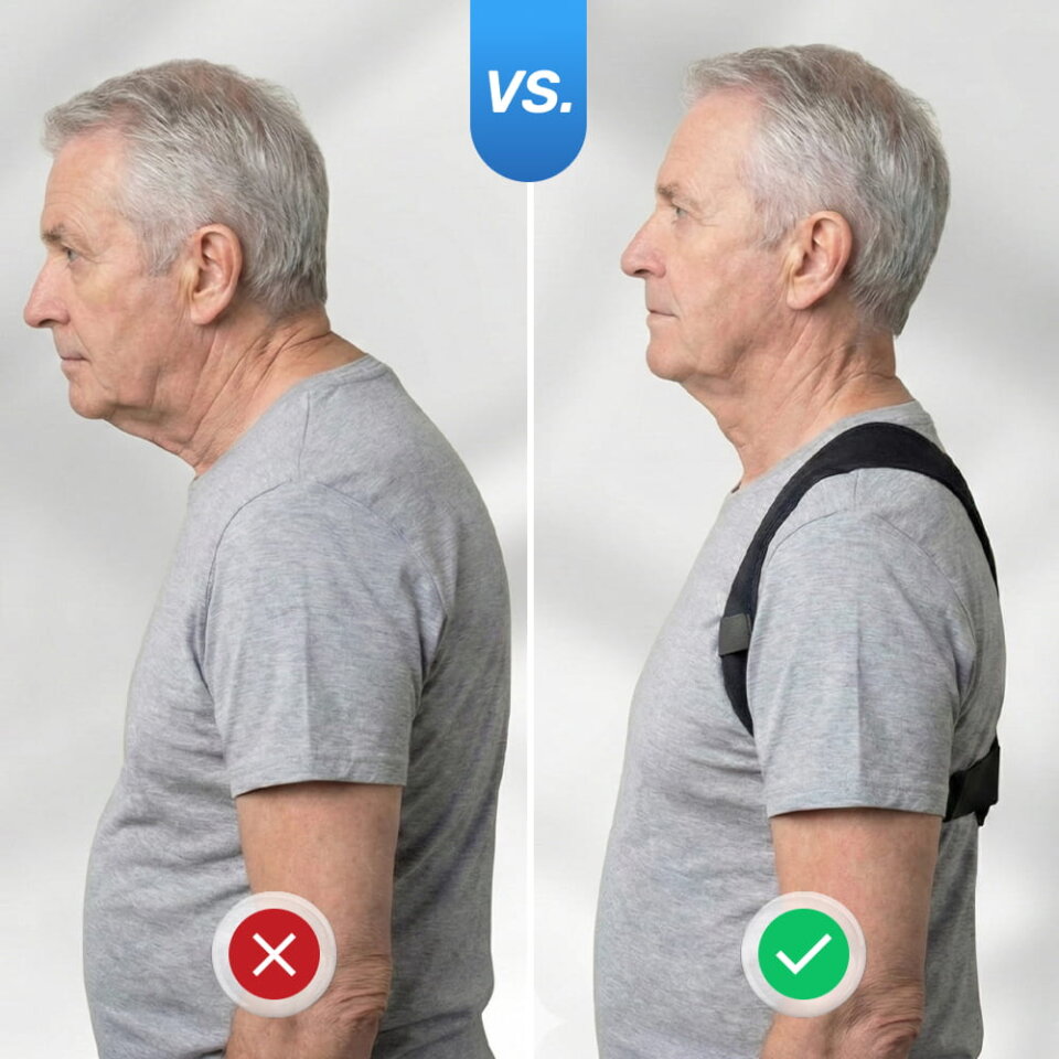 WellaBack posture corrector before-after – visibly more upright shoulder posture in comparison